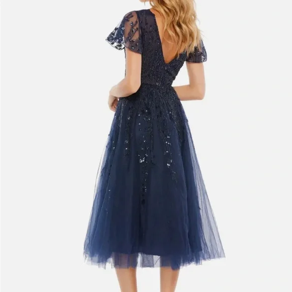 NWT Mac Duggal Blue Sequin A-Line Midi Dress - Picture 2 of 3